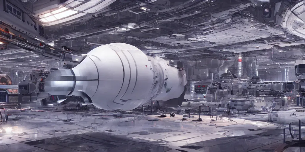 Prompt: 4 k rendered unreal 5 image of a space x starship factory with lots of spaceships and boosters being built by robots, sparks and smoke, wet puddles reflecting