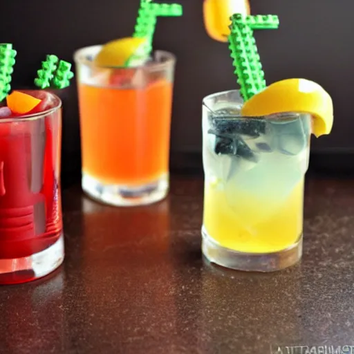 Prompt: a lego - themed mixed drink m, cookbook photo