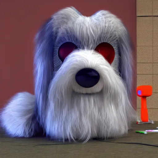 Image similar to robotic bearded collie that's a robot. naptime at kindergarten. digital art, 3 d render, comedy, science fiction, up!
