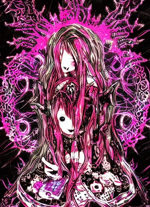 Image similar to spiked bloodmoon pixie sigil stars, goregrind album cover, baroque bedazzled gothic royalty frames surrounding a hellfire hexed witchcore aesthetic, dark vhs broken hearts, neon glyphs spiked pixelsort fairy kei decora doll, 8mm VHS footage of a japanese horror movie