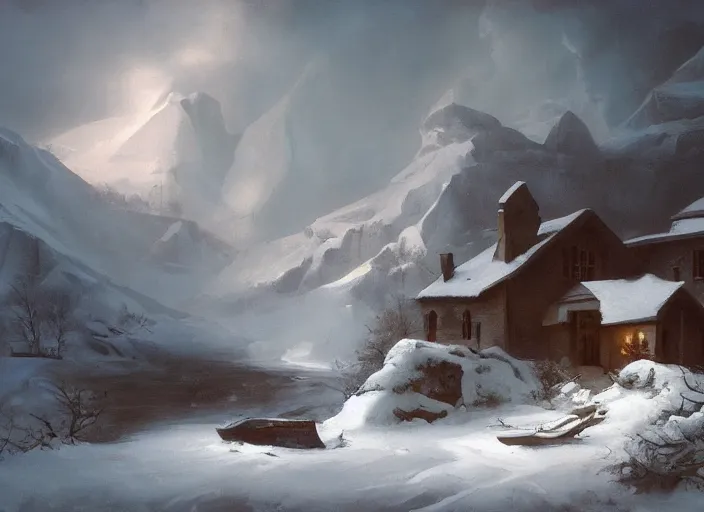 Prompt: oil painting, snow blizzard, beautiful cinematic light, american romanticism by gericault, creation by tyler edlin
