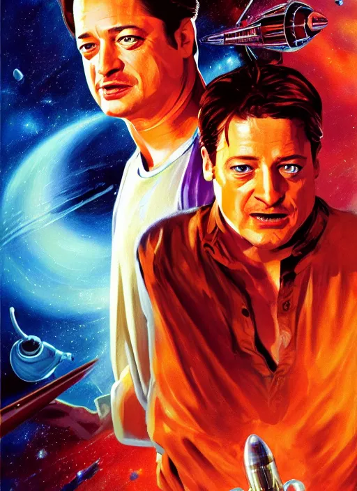 Prompt: movie poster with brendan fraser starring in a space opera, alien companion, space ships, evil villain, laser blasts, damsel in distress, cosmic horror painting, elegant intricate digital painting artstation concept art by drew struzan detailed