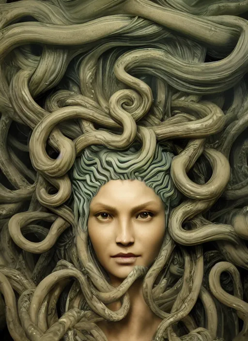 Image similar to medusa made of wax, wooden art nouveau swirls, strong subsurface scattering, cables, tubes, subsurface scattering, in the style of ruan jia and giger, subsurface scattering, mystical colors, rim light, dramatic lighting, 8 k, stunning scene, raytracing, octane render, trending on artstation