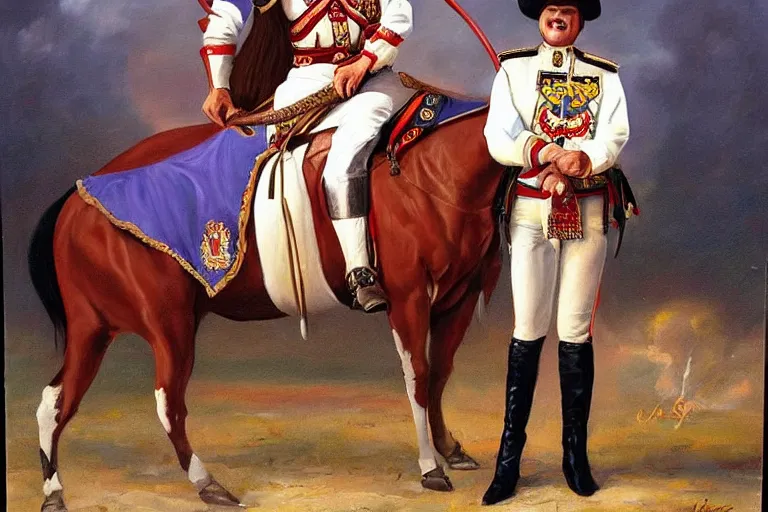 Image similar to a majestic painting of Jim Cornette on horseback dressed as an admiral