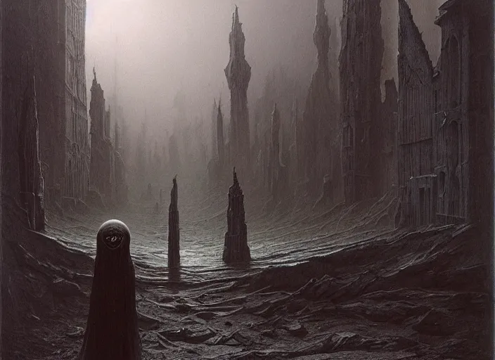 Prompt: matte painting of town of cosmic entities beyond human comprehension, Zdzislaw Beksinski, Lewis Jones, street view, gothic, lovecraftian, grotesque, cold hue's