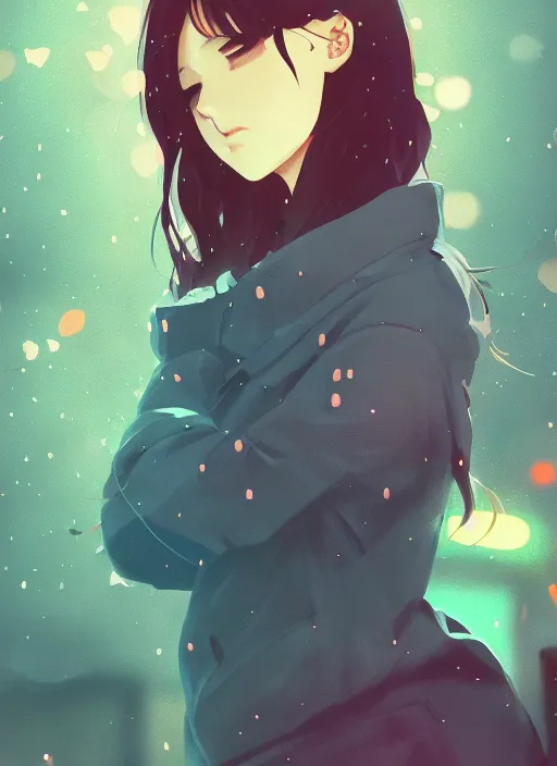 Prompt: listening to music at 2 am, pretty face, perfect body, pose, rain, lofi, lo - fi, peaceful, street light, anime key visual, poster, anime, by wlop, high quality, 4 k, trending, trending on artstation