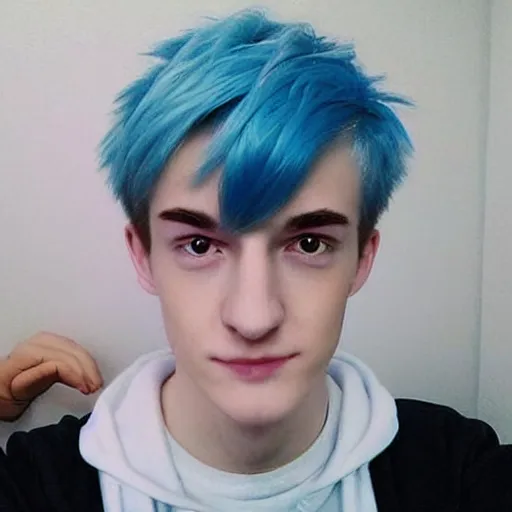 Prompt: “a realistic detailed photo of a guy who is an attractive humanoid who is half robot and half humanoid, who is a male android, twitch streamer Ninja Tyler Blevins, shiny skin, posing like a statue, blank stare, gaming room, blue hair”