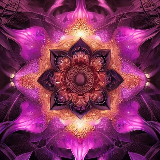 Image similar to a beautiful and detailed illustration of a black lotus with fractal fibonaucci sequence of glowing purple petals, in the style of magic the gathering, highly detailed, digital painting, god rays, volumetric lighting, octane render, 4 k resolution, art by artgerm and greg rutkowski and alphonse mucha, masterpiece, in a luminist baroque style