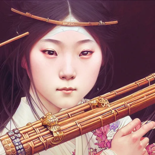 Image similar to Portrait of a japanese girl playing a cross flute, face, fantasy, intricate, elegant, highly detailed, digital painting, artstation, concept art, smooth, sharp focus, illustration, art by Fernanda Suarez and Artem Demura and alphonse mucha