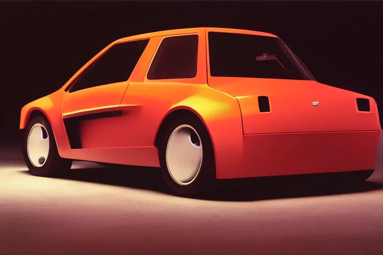 Image similar to designed by giorgetto giugiaro stylized poser of a single 1 9 8 8 kei car, thick neon lights, ektachrome photograph, volumetric lighting, f 8 aperture, cinematic eastman 5 3 8 4 film