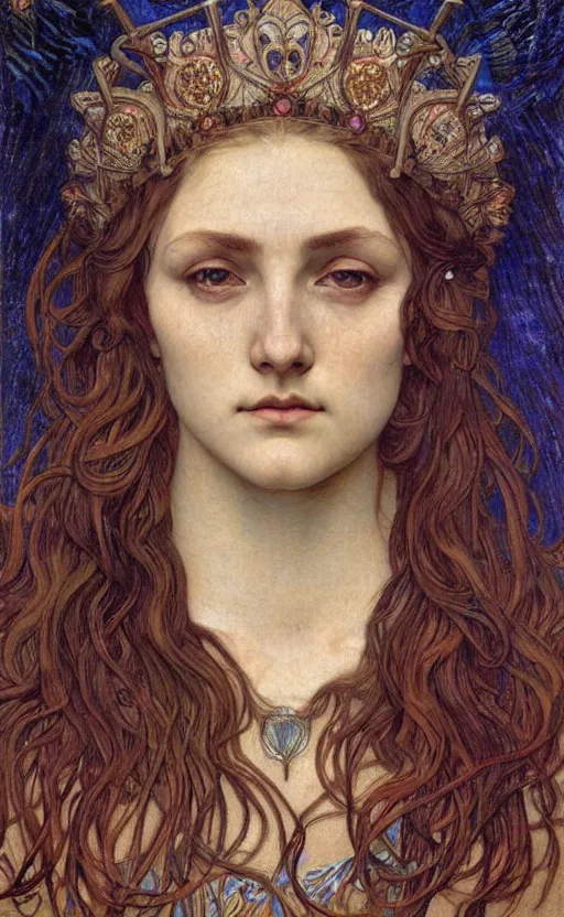 Image similar to detailed realistic beautiful young medieval queen face portrait by jean delville, alphonse mucha, vincent van gogh, and marco mazzoni, art nouveau, symbolist, visionary, gothic, pre - raphaelite