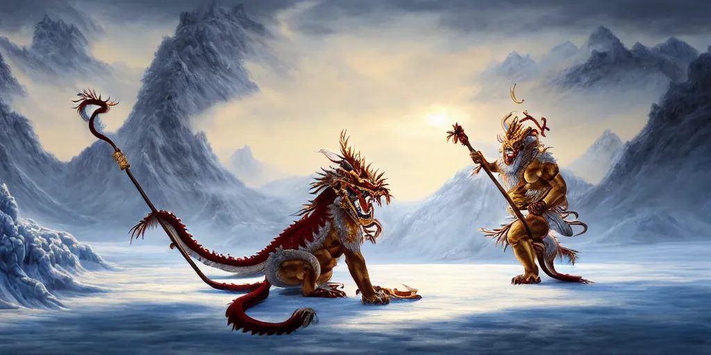 Image similar to a beautiful oil painting of a chinese dragon with white scales about the ice lake, sun wukong holding a long golden stick stand on the ice lake, surrounded by snow mountains and heavy snow, cinematic shots, aftereffects, epic, game cg style, trending on artstation, wide view, cinematic light, 8 k