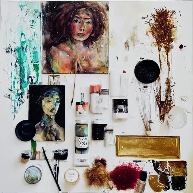 Image similar to “ a portrait in a female art student ’ s apartment, sensual, a golden doodle theme, art supplies, paint tubes, ikebana, herbs, a candle dripping white wax, black walls, squashed berries, berry juice drips, acrylic and spray paint and oilstick on canvas, surrealism, neoexpressionism ”