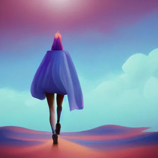 Prompt: closeup giant dahlia flower under head, a girl walking between dunes, surreal photography, sunrise, blue sky, dramatic light, impressionist painting, digital painting, artstation, simon stalenhag