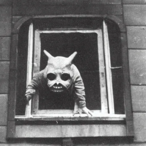 Prompt: ghastly creature peaking from a window, 1900s picture