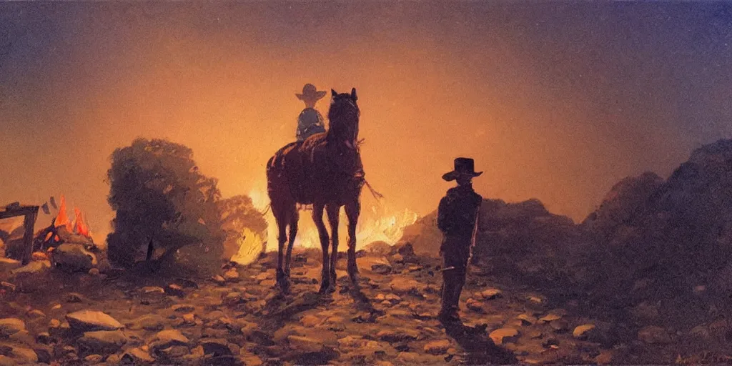 Image similar to in the old west, at a campfire at night, a young boy ( ( alone ) ) watches the stars and his horse grazes, in the style of fredrick remington, oil painting, warm color palate, astral