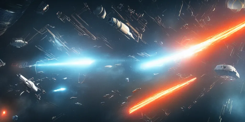 Image similar to dramatic spacecraft battle scene, sci-fi movie shot, ultra detailed, octane render, laser fire and explosions, 8k