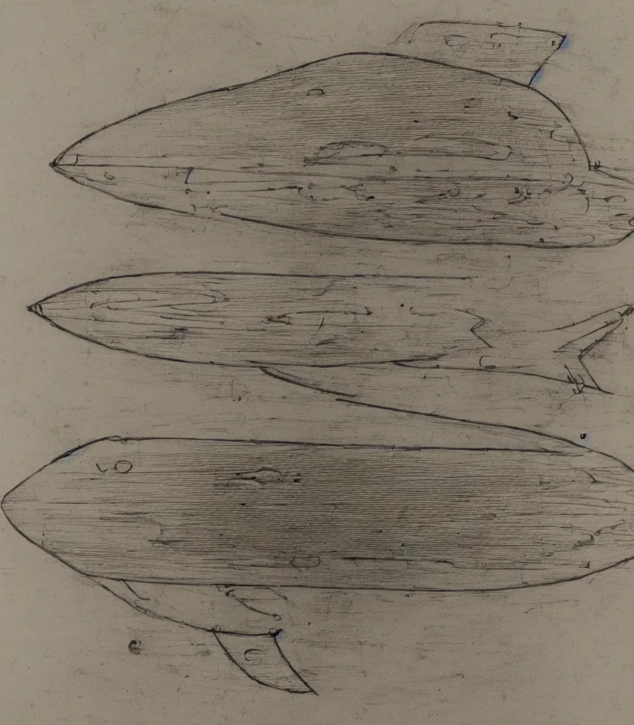 Image similar to blueprint sketch of a beautiful surfboard painted by leonardo da vinci, technical sketch, high detail, charocal drawing, firewire gofish