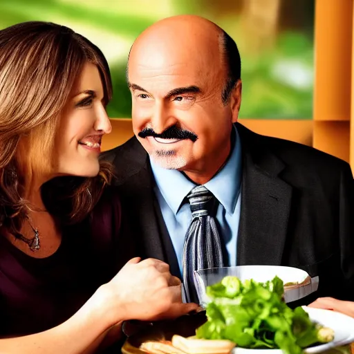 Image similar to dr phil takes you out on a date, olive garden, intimate, warm atmosphere, cheerful, loving
