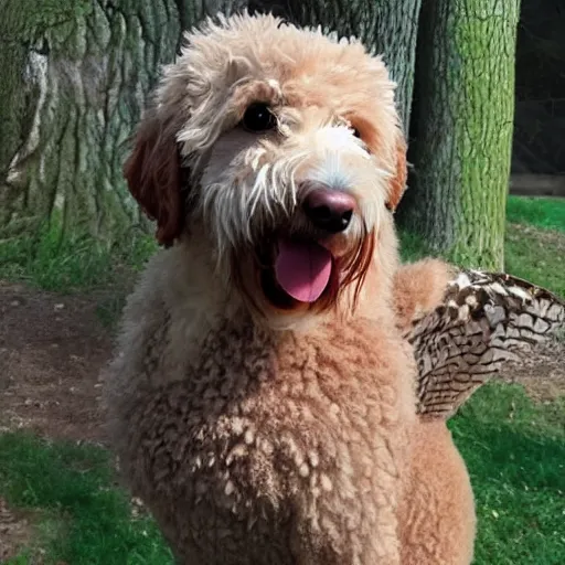 Prompt: photo of a hybrid of a golden doodle and an owl