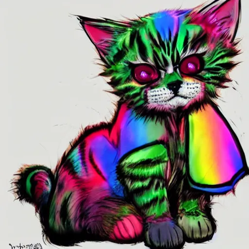 Image similar to wide angle full body, jacket wearing fluffy cute rainbow kitten wearing a black leather motorcycle jacket, cinematic concept art