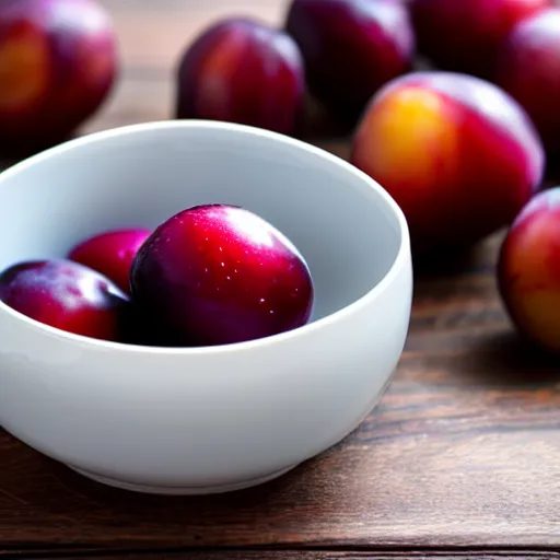 Image similar to photo of a thick porcelain bowl filled with a few moist freshly picked plums on a wooden table. volumetric lighting. 4 k. small scale. realistic.