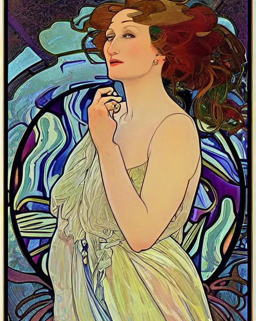 Prompt: a portrait painting of ( ( ( meryl streep ) ) ) in the style of alphonse mucha!!!