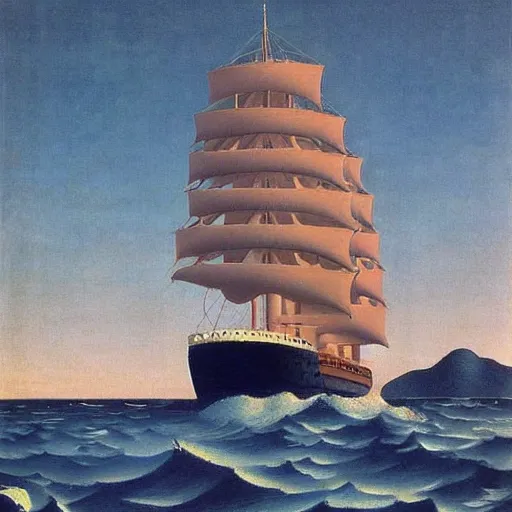 Image similar to a fantastic voyage on a beautiful ship by Raphael, Hopper, and Rene Magritte. detailed, romantic, enchanting, trending on artstation.