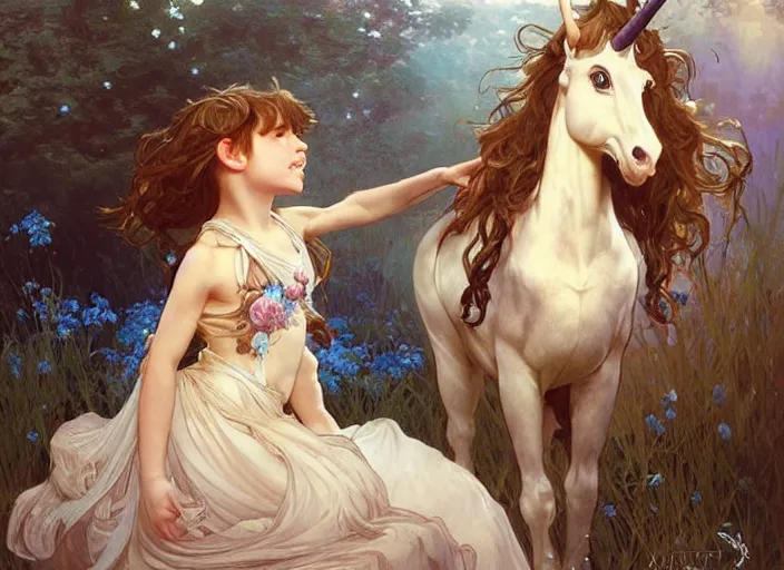 Prompt: a cute little girl with curly light brown hair and blue eyes meeting an elegant unicorn, beautiful fantasy painting by artgerm and greg rutkowski and alphonse mucha