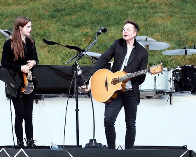 Image similar to elon musk & emma watson performing at woodstock