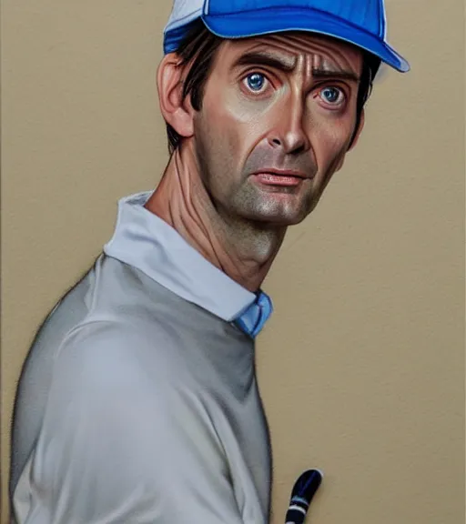 Image similar to portrait of david tennant as a golfer, white cap, beige and blue overstich, very detailed eyes, hyperrealistic, very detailed painting by Glenn Fabry, by Joao_Ruas