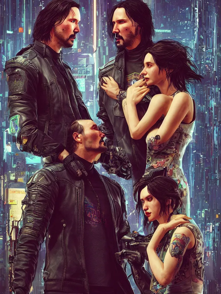 Image similar to a cyberpunk 2077 wedding couple portrait of Keanu Reeves and V in love story,pray,hug,hold,kiss,film lighting,by Lawrence Alma-Tadema,Andrei Riabovitchev,Laurie Greasley,Dan Mumford, John Wick,Speed,Replicas,artstation,deviantart,FAN ART,full of color,Digital painting,face enhance,highly detailed,8K,octane,golden ratio,cinematic lighting