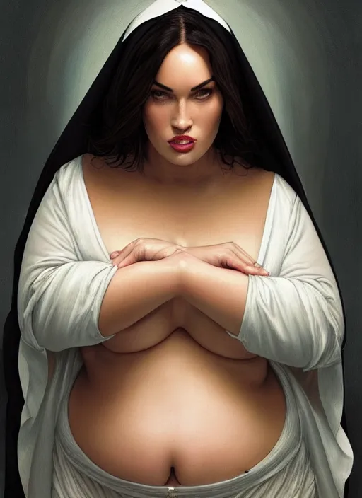 Image similar to portrait of a very obese megan fox as an obese sultry nun, catholic, church, bible, christianism, praying, intrigante, headshot, highly detailed, digital painting, artstation, concept art, sharp focus, cinematic lighting, illustration, art by artgerm and greg rutkowski, alphonse mucha, cgsociety