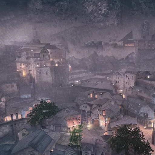 Image similar to the center of a poor medieval town under the rain at late dawn, in a valley, surrounded by mountains, highly detailed, octane render, hyper realistic, ultra detailed cinematic, 8 k, photorealistic, widescreen, hd, hyper realism