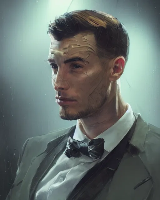 Image similar to a rugged young engineer man with cybernetic enhancements wearing a suit and bowtie, detailed face, scifi character portrait by greg rutkowski, esuthio, craig mullins, 1 / 4 headshot, cinematic lighting, dystopian scifi gear, gloomy, profile picture, mechanical, half robot, implants, steampunk