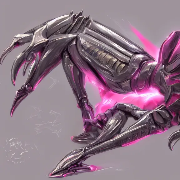 Image similar to very close up foot pov shot, hyperdetailed elegant beautiful stunning anthropomorphic mecha female dragon, laying elegantly, showing detailed dragon paws to camera, sharp claws close up, soft pads, sharp silver armor, fuchsia skin, anthro dragon art, warframe destiny fanart, furry paws furry, furaffinity, deviantart, octane, ekasportal