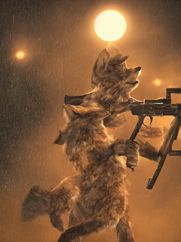 Prompt: An anthropomorphic coyote shooting a tommy gun, furry art, hyperrealistic, digital art, hard lighting, action shot, sunset, raining