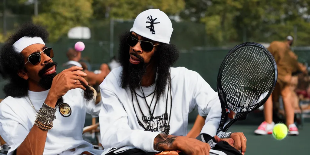 Prompt: a swagged out photo of mac dre thizzing, chillin at the tennis court with his headband on, al boo boo, the genie of the lamp, the eagle has landed, thizzlamic, stylized, 8 k, uhd.