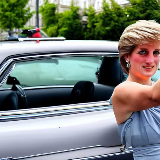 Prompt: princess Diana taking selfie next to silver Mercedes-Benz W140, photograph, image, 4k HDR, trending on artstation,