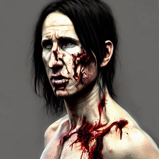 Image similar to color portrait of young and handsome trent reznor as a zombie with shoulder length hair, 7 days to die zombie, realistic proportions, fine art, award winning, intricate, elegant, sharp focus, cinematic lighting, digital painting, 8 k concept art, art by brom, art by guweiz and z. w. gu, art by michael hussar, 8 k