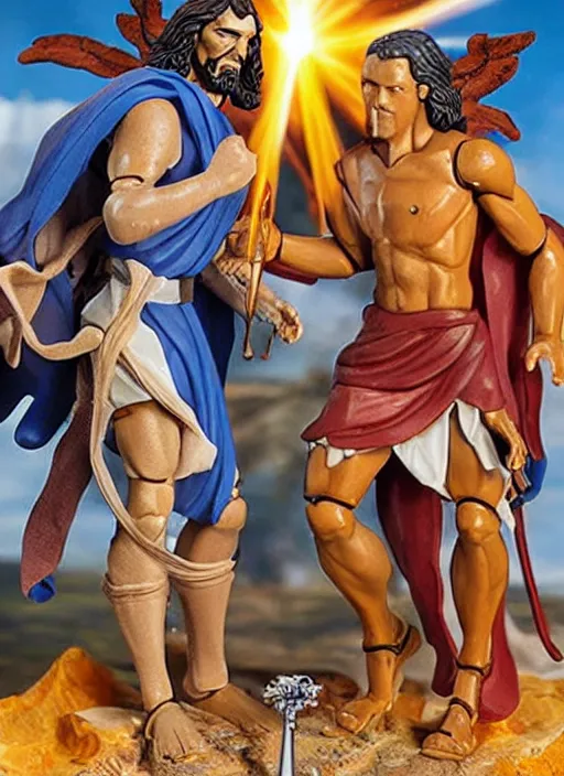 Image similar to Jesus vs the Devil in the flying sandals of salvation action figures toy pack