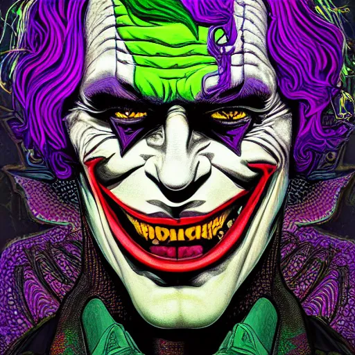 Prompt: an extremely psychedelic portrait of batman as the joker, surreal, lsd, face, detailed, intricate, elegant, lithe, highly detailed, digital oth, sharp focus, illustration,