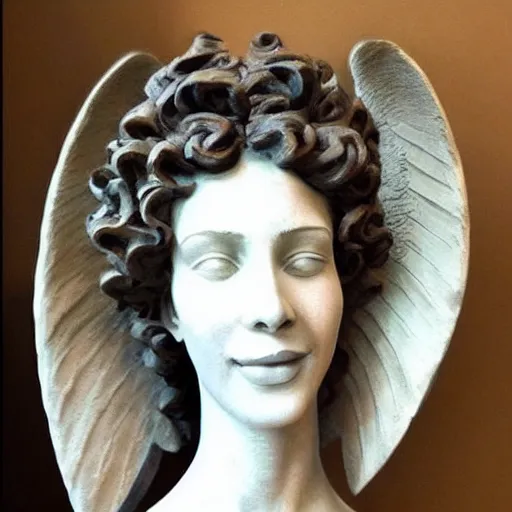 Image similar to A beautiful sculpture. beautiful angel woman, brunette smiling , curly hairstyle, looks like Ebru Şahin, Reyyan, looks like Fabiula Nascimento, looks like Laura Barriales, looks like Julia Roberts by Sandra Chevrier intuitive