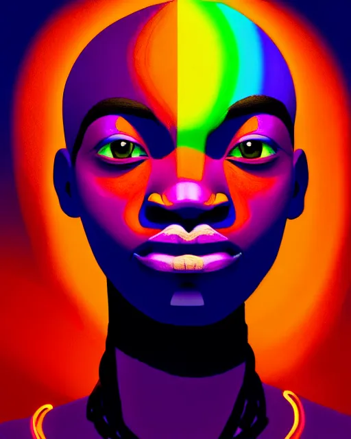 Prompt: a breathtaking vibrant colorful head and shoulders portrait of the face of a strong tribal african, immersive digital art experiences, glowing lights, magic details, by moebius, edward hopper, james gilleard, and james jean, hd, 8 k, trending on artstation, uhd,