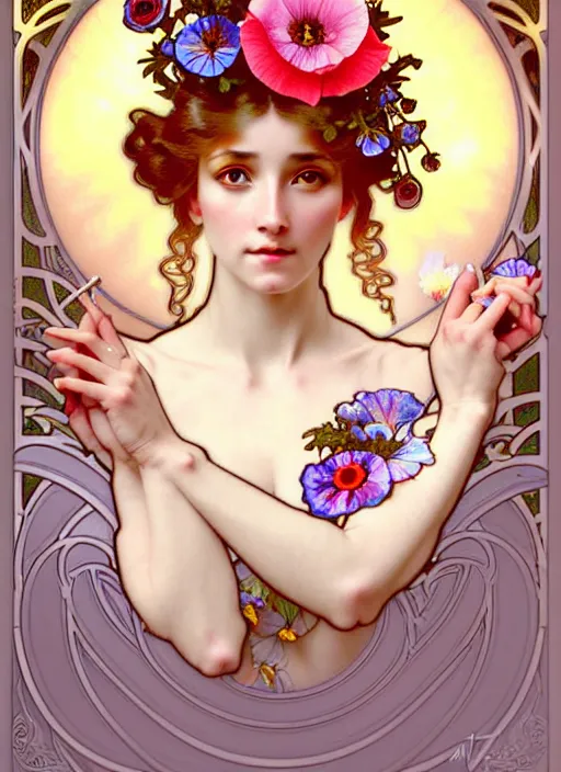 Image similar to poppy flowers, rococo and art nouveau fusion, iridescent diaphanous refractive and reflective flower bouquet, tarot card, highly detailed, deep focus, elegant, digital painting, smooth, sharp focus, illustration, ultra realistic, 8 k, art by artgerm and alphonse mucha