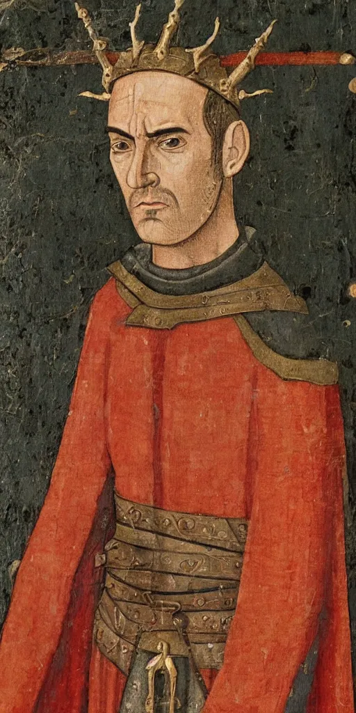 Image similar to medieval painting of stannis baratheon, high detail