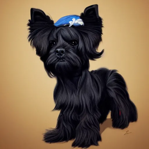 Prompt: A cute black yorkshire terrier artist, wearing a french beret, 30mm, by Noah Bradley trending on ArtStation, deviantart, high detail, stylized portrait