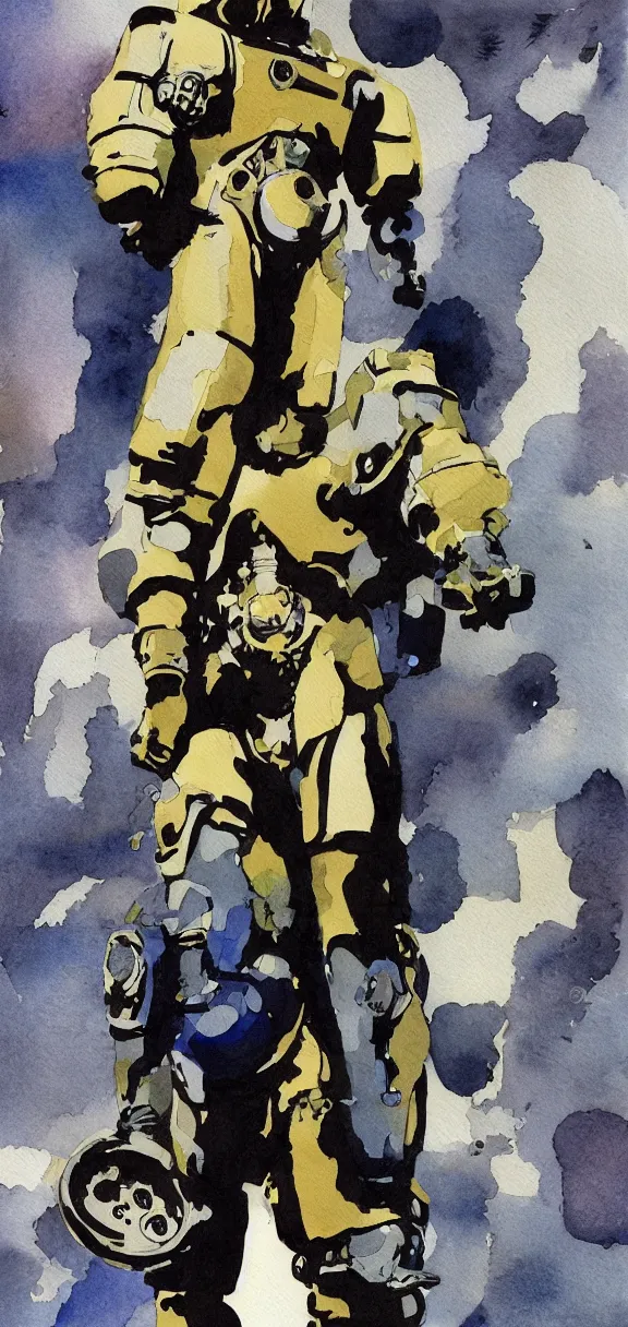 Image similar to male, full body, modern space suit, very stylized character design, large shoulders, short torso, long thin legs, tiny feet, character sheet, science fiction, hyperdetailed, technical suit, space marine, watercolor digital painting, by mike mignola, by alex maleev, jean giraud, painted by leyendecker