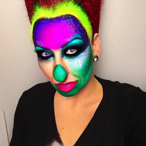 Prompt: a woman with so much colored makeup and glitter caked onto her face that she looks like a clown