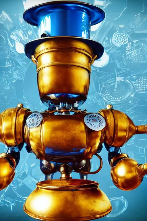 Image similar to portrait photo of a giant golden and blue metal steampunk robot chef wearing a big chef hat, with steaming pots and pans and tubes, eyes are green lights, shiny crisp finish, 3 d render, 8 k, insaneley detailed, fluorescent colors, background is multicolored lasershow